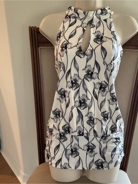 White House Black Market White and Black Floral Halter Top
